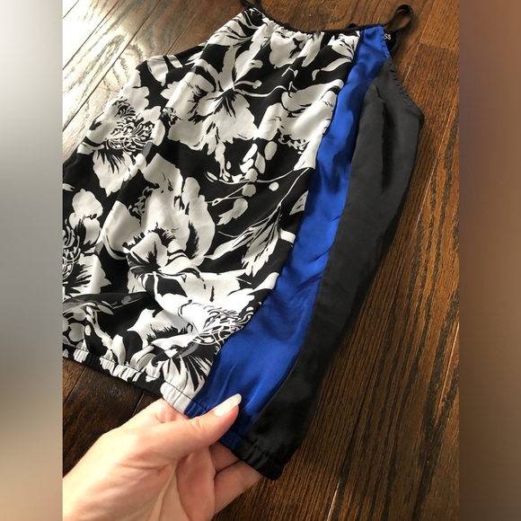 Express Womens XS Black/Blue Floral Ruched Halter High-Neck Elastic Waist Blouse - Picture 4 of 10